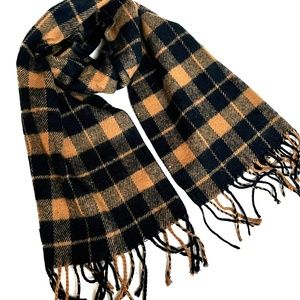 Burberry London Scarf Rectangle Tan & Blue Check 100% Cashmere Fringe England